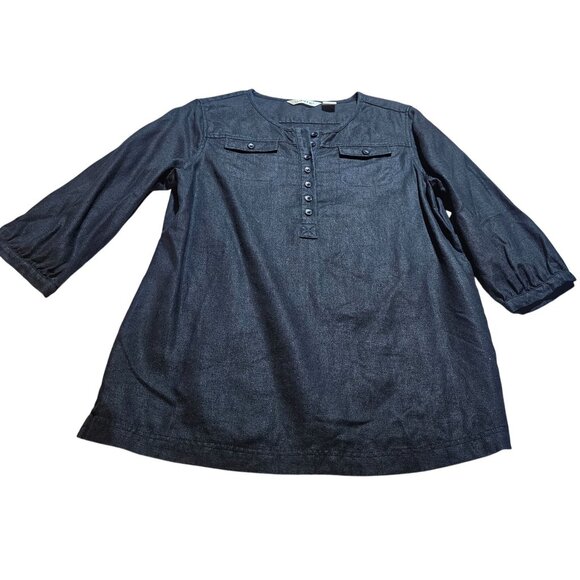 Orvis Women's Black Top M 3/4 Sleeve 100% Linen Button Front Office Business - Picture 4 of 13